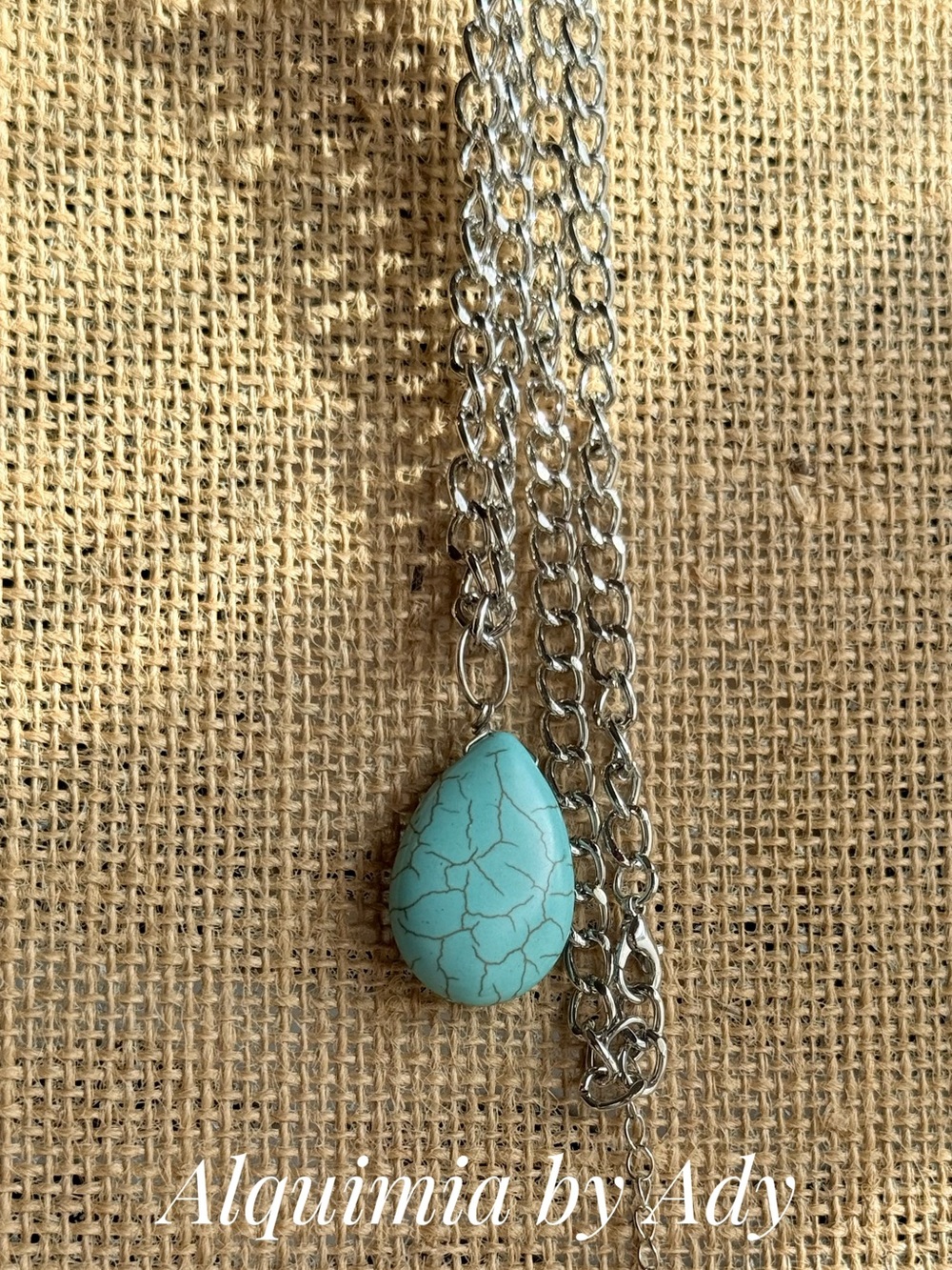 Chunky Turquoise Crackle Teardrop Necklace with Silver Chain